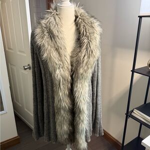 Chico's Gray Cardigan with Faux Fur Trim